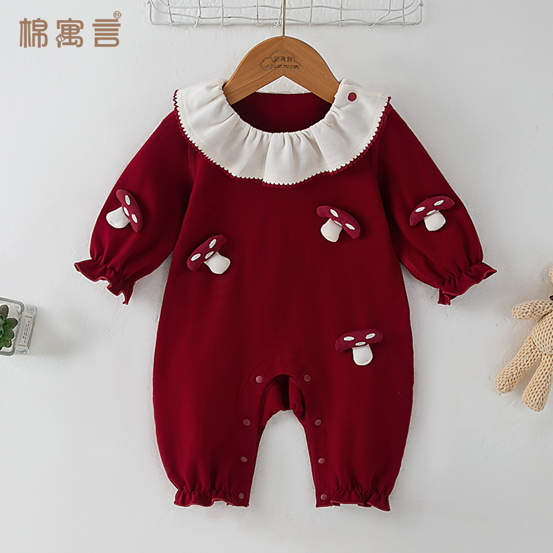 宝宝春秋款衣服薄款女童洋气蘑菇外出服小公主翻领连体衣婴儿哈衣