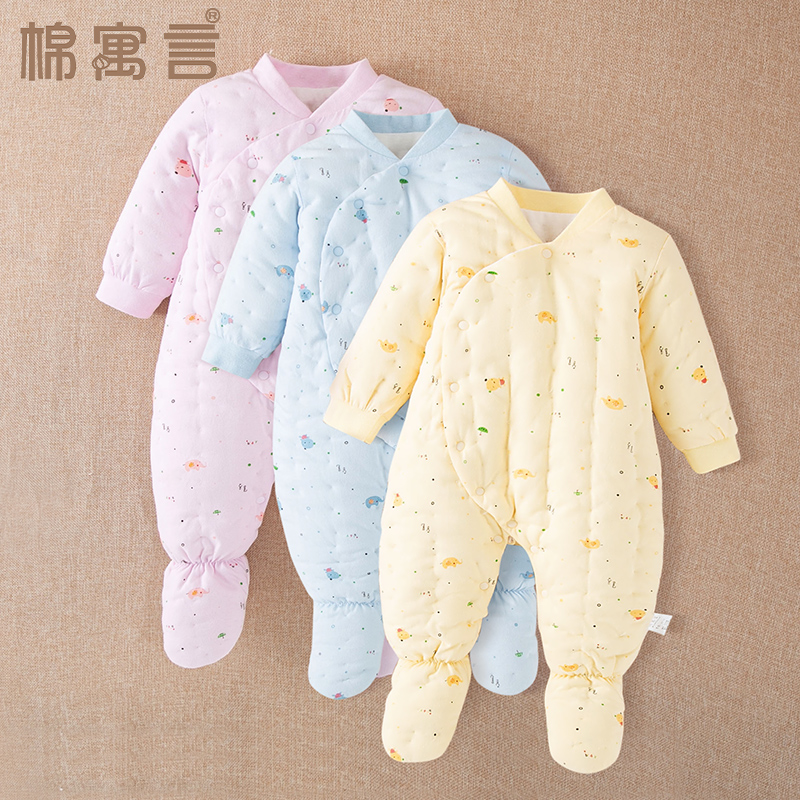棉寓言纯棉手工婴儿加棉连脚哈衣秋冬季爬服新生儿宝宝包脚连体衣
