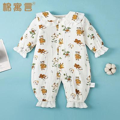 春夏季纯棉纱布婴儿连体衣薄款爬服长袖空调外出服可爱娃娃领哈衣