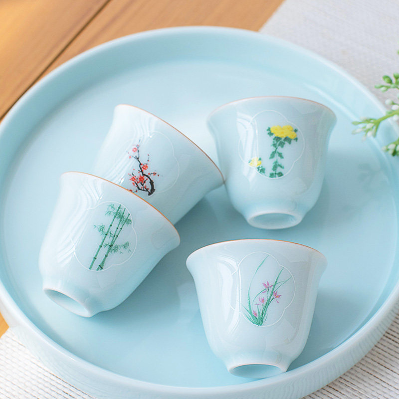 青瓷小茶杯功夫茶具喝茶杯梅兰竹菊杯子小清新家用国潮茶碗品茗杯,餐饮具,茶杯,淘宝优惠券,粉丝福利购,淘宝优惠卷