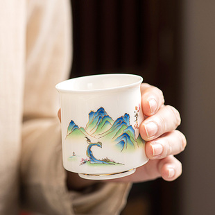 羊脂玉白瓷功夫茶碗单主人品茗杯高颜值直口茶盏青山花鸟年年有鱼