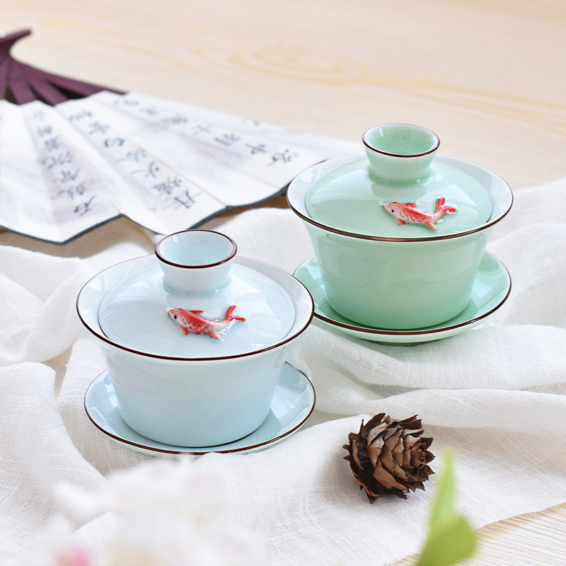 青瓷小鱼盖碗功夫茶具陶瓷创意三才碗茶杯盖杯中式家用个性敬茶碗