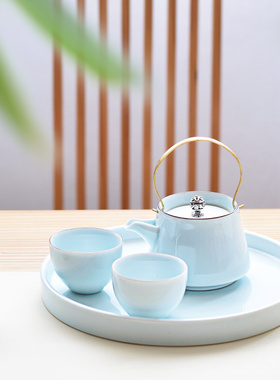 青瓷干泡功夫茶具提梁壶茶杯茶盘套装创意家用陶瓷茶道一壶二杯