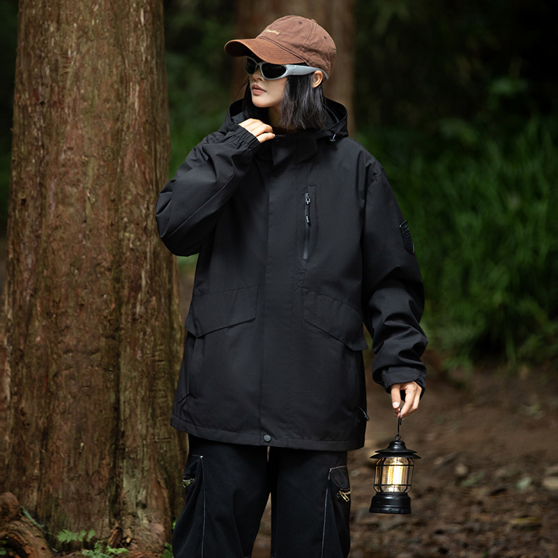 秋新款高品质三防潮牌魔术贴工装连帽情侣甜酷夹克冲锋衣外套，男装夹克，电商D315