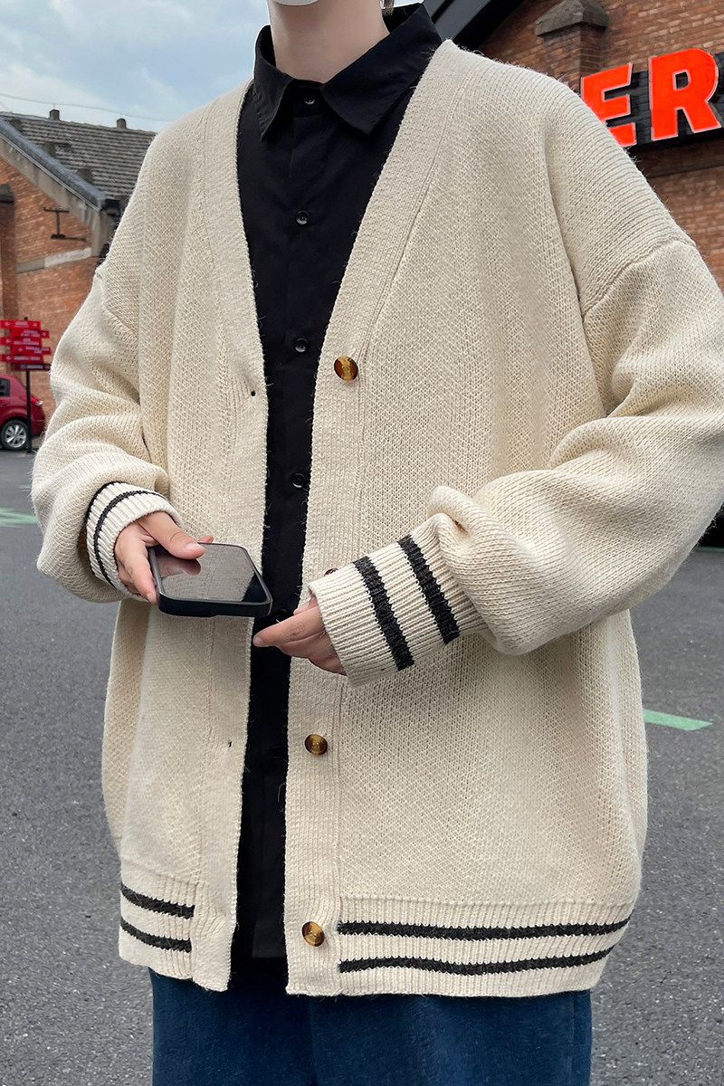 抖音—日系慵懒风V领针织衫外套男女宽松休闲毛衣潮MY2201p50,男装针织衫/毛衣,电商D315