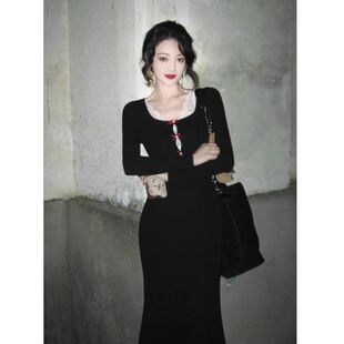 纯欲针织连衣裙感加绒显瘦鱼尾长裙女装 黑色长袖 秋冬法式 2025新款
