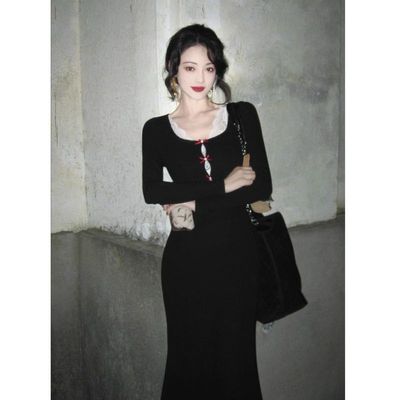 2025新款秋冬法式黑色长袖纯欲针织连衣裙感加绒显瘦鱼尾长裙女装