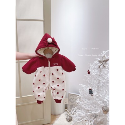 三小朵2387婴儿冬装波点蝴蝶结加厚棉服洋气可爱女宝宝爬服夹棉