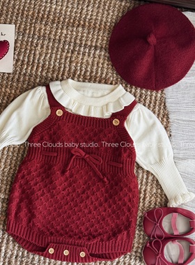 三小朵2759【波尔多红】女宝宝婴幼秋季针织哈衣圣诞氛围感哈衣