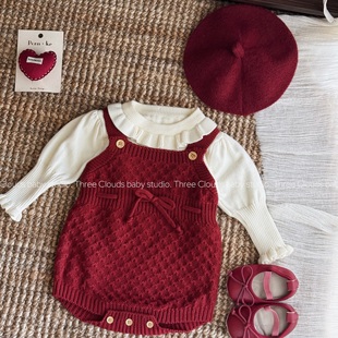 三小朵2759【波尔多红】女宝宝婴幼秋季针织哈衣圣诞氛围感哈衣
