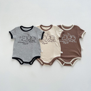 新生婴儿夏季 三小朵ins韩版 短袖 卡通连体衣简单舒服螺纹三角哈衣