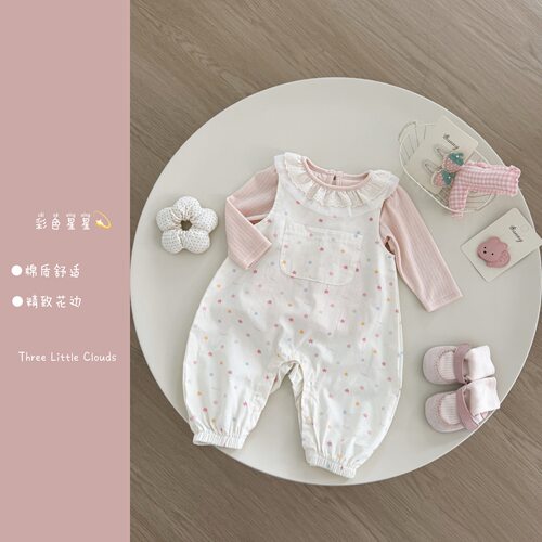 三小朵4149【彩虹星星】春秋女宝宝精致背带套装上衣+背带裤套装