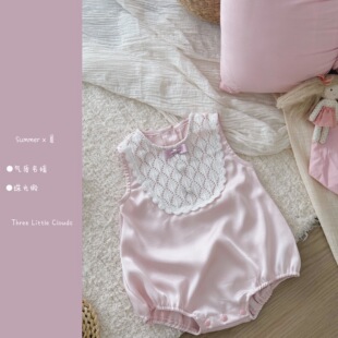 三小朵3065【浅樱】夏季婴幼儿蝴蝶结缎面哈衣精致高级周岁女宝
