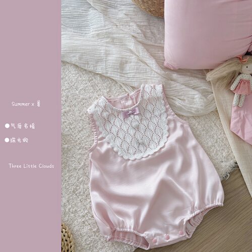 三小朵3065【浅樱】夏季婴幼儿蝴蝶结缎面哈衣精致高级周岁女宝