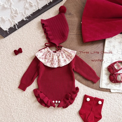 三小朵2925【酒心可可】女宝宝婴幼儿针织哈衣暖气房新年可爱哈衣