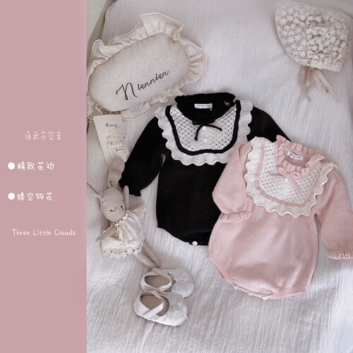 三小朵2992【赫本日记】女宝宝春款针织哈衣钩花荷叶领韩系汉服包