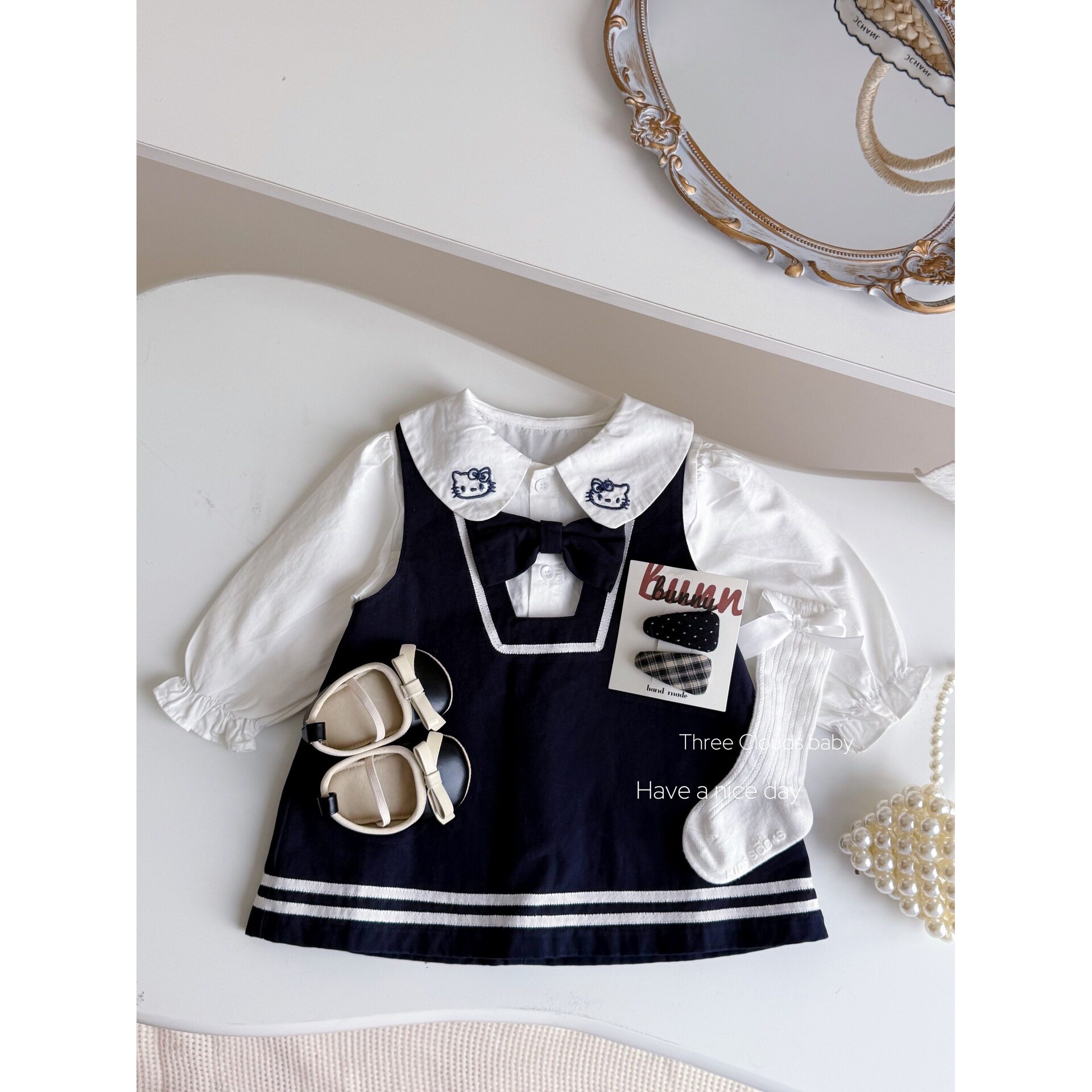 婴幼儿女童宝宝秋款洋气时髦可爱猫咪连衣裙背心裙套装