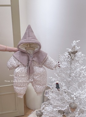 三小朵2349女宝宝冬装棉衣婴幼儿公主风紫色小碎花加厚满月外出连