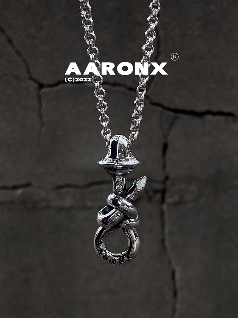 aaronx设计师原创新品复古钉子绳结朋克ins925银做旧吊坠项链