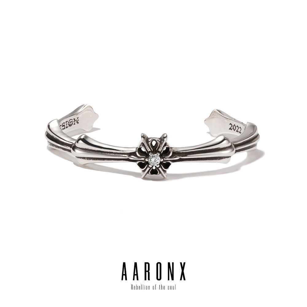 AARONX原创设计明星同款锆石925纯银做旧复古叠戴开口手镯