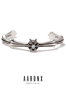 AARONX原创设计明星同款锆石925纯银做旧复古叠戴开口手镯