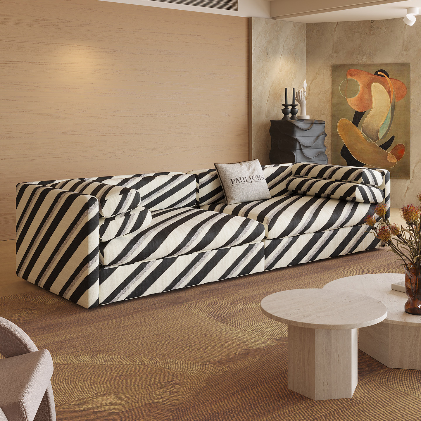 PAULJOHN新款进口棉麻布艺沙发极简轻奢条纹客厅直排羽绒休闲沙发,住宅家具,布艺沙发,淘宝优惠券,粉丝福利购,淘宝优惠卷