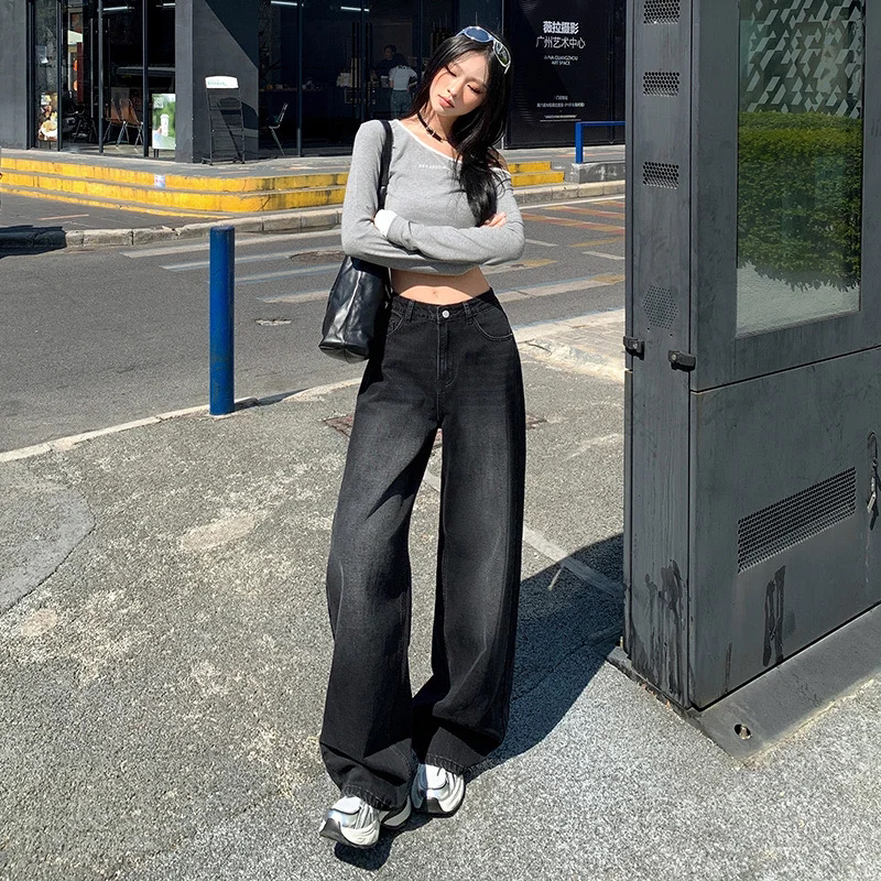 黑灰牛仔裤女韩版2026早春梨形身材宽松高腰显瘦百搭直筒阔腿裤子