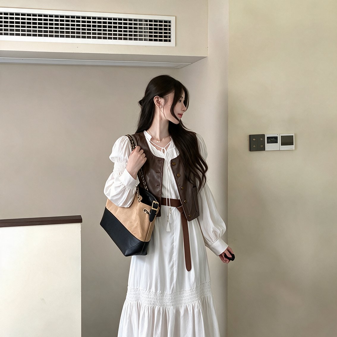 实拍大码女装甜美连衣裙胖MM高级感仙女裙皮马甲两件套套装