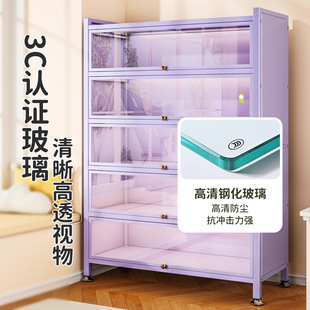 紫色钢制书架带玻璃门落地书柜防尘手办展示柜痛柜铁皮收纳储物柜