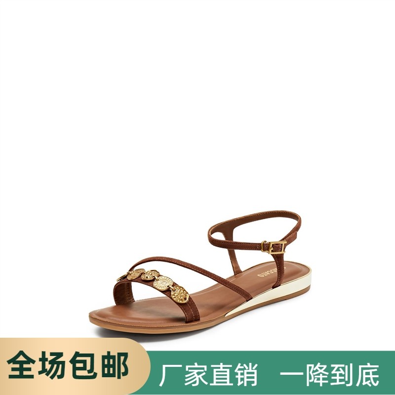 商场同款2025新款多宝鞋一字带平底金币细带罗马女凉鞋9JI60BL4