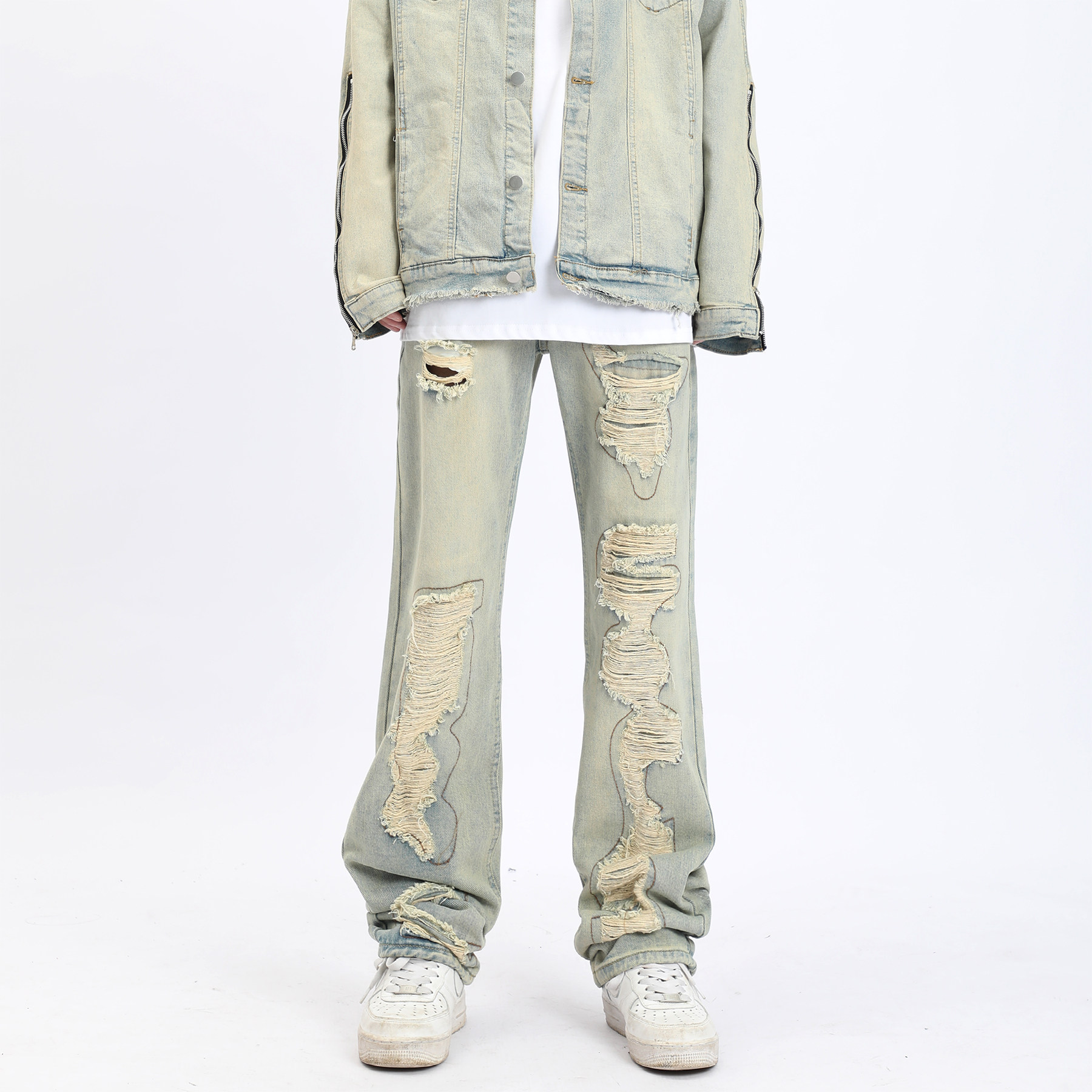 disobey美式复古水洗做旧补丁破洞牛仔裤男潮牌宽松高街直筒裤子