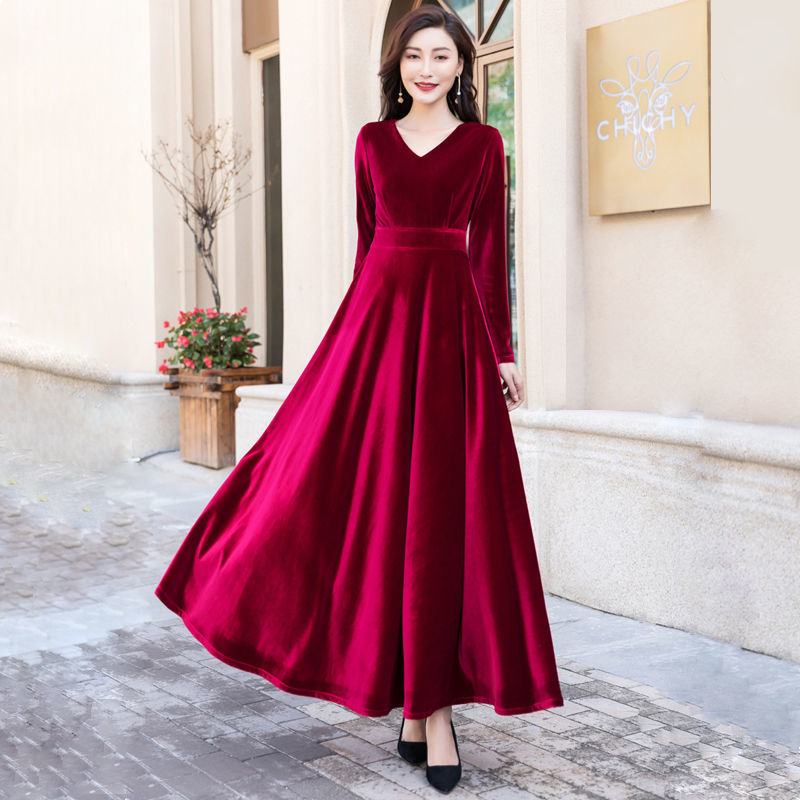 V领2023春秋金丝绒长款大摆连衣裙旅游度假长裙气质优雅时尚女装