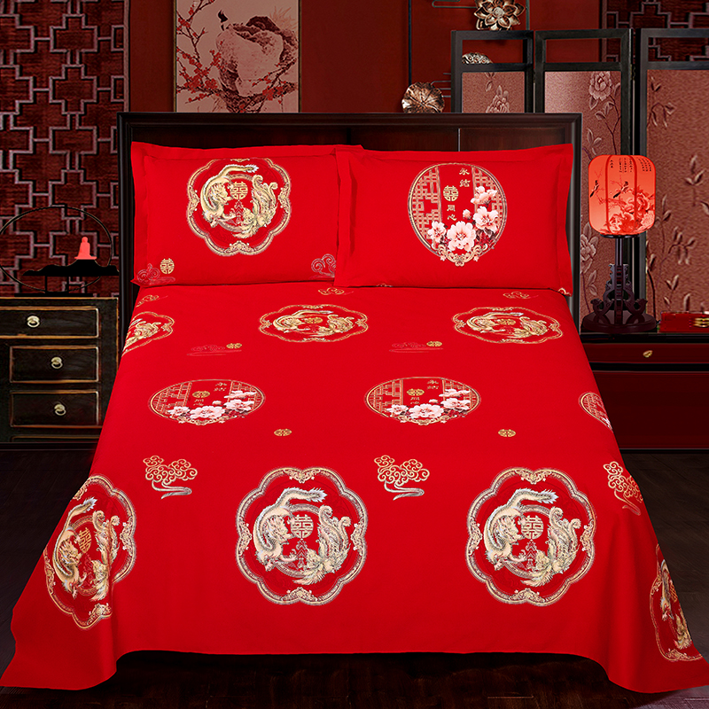 结婚纯棉全棉床单单件婚嫁新婚枕套三件套婚房大红色女方陪嫁被单