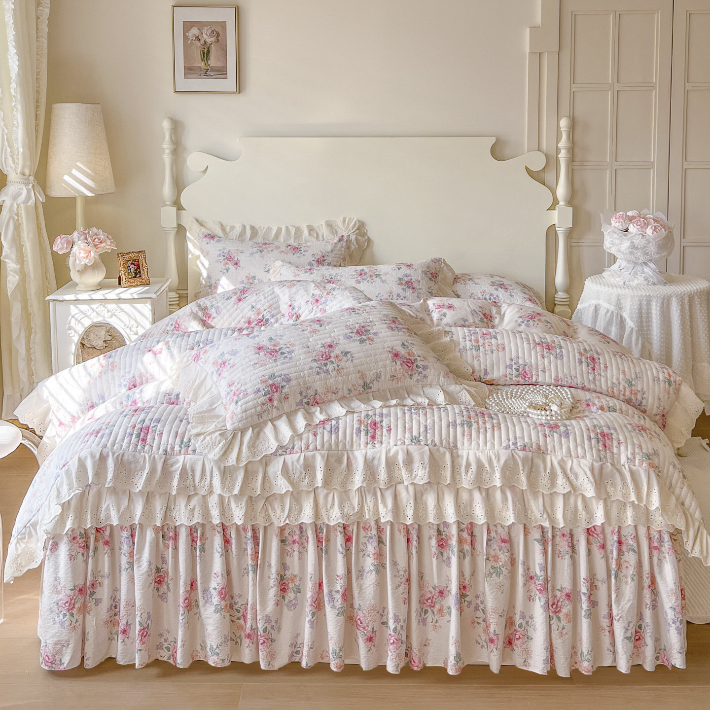 韩版床笠式床裙四件套公主风遮丑花边床罩夹棉被加厚防滑床套床品