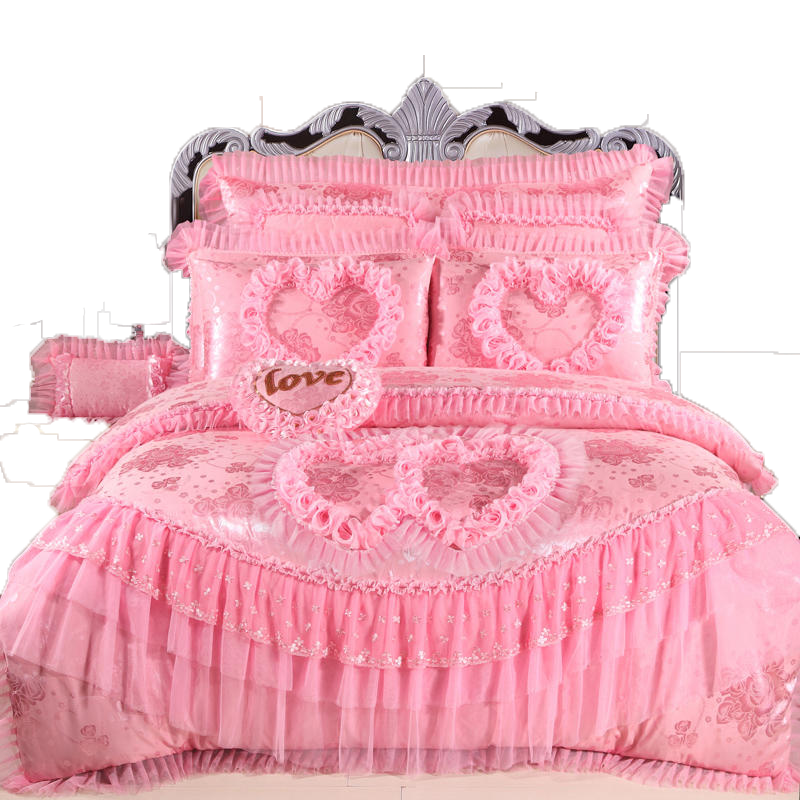 婚庆蕾丝贡缎大红粉色六八多件套结婚加厚四件套1.8m2.0床裙用品