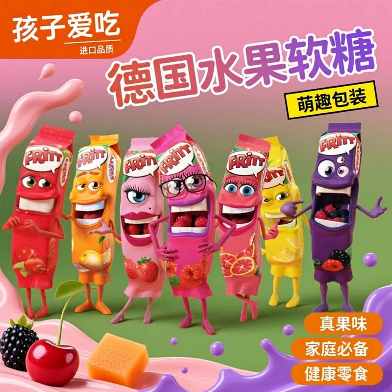 德国进口fritt水果软糖10袋橙味真果味儿童健康零食萌趣包装多味