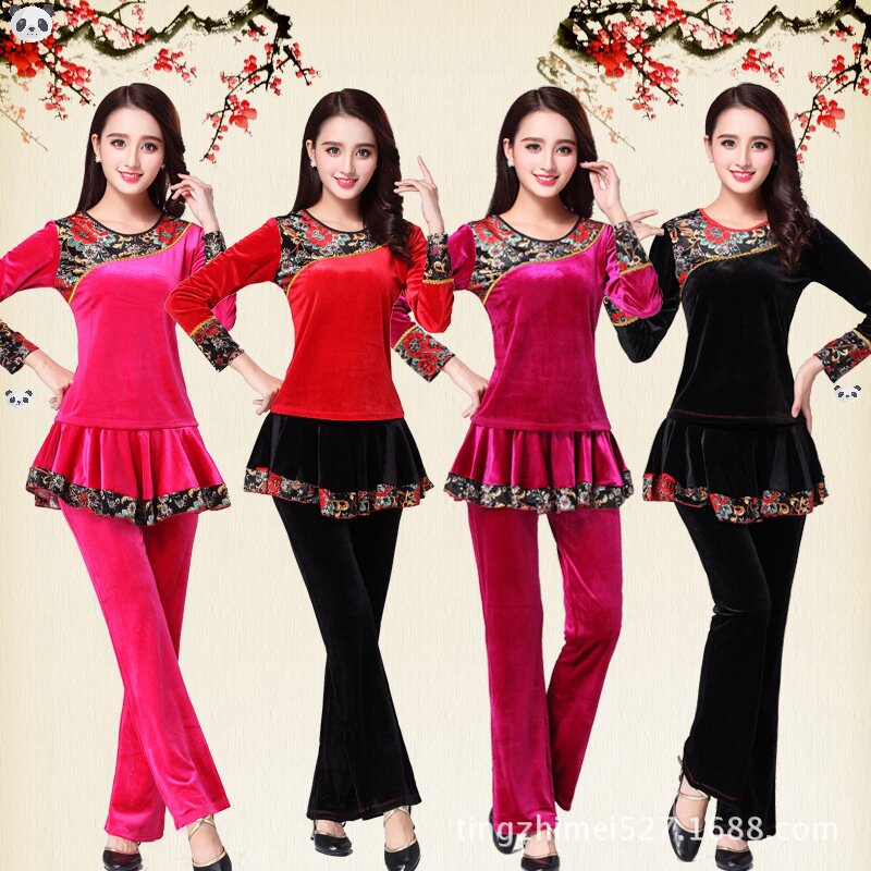 广场舞服装新款套装春秋冬金丝绒套裙民族风中老年女舞蹈演出裙裤