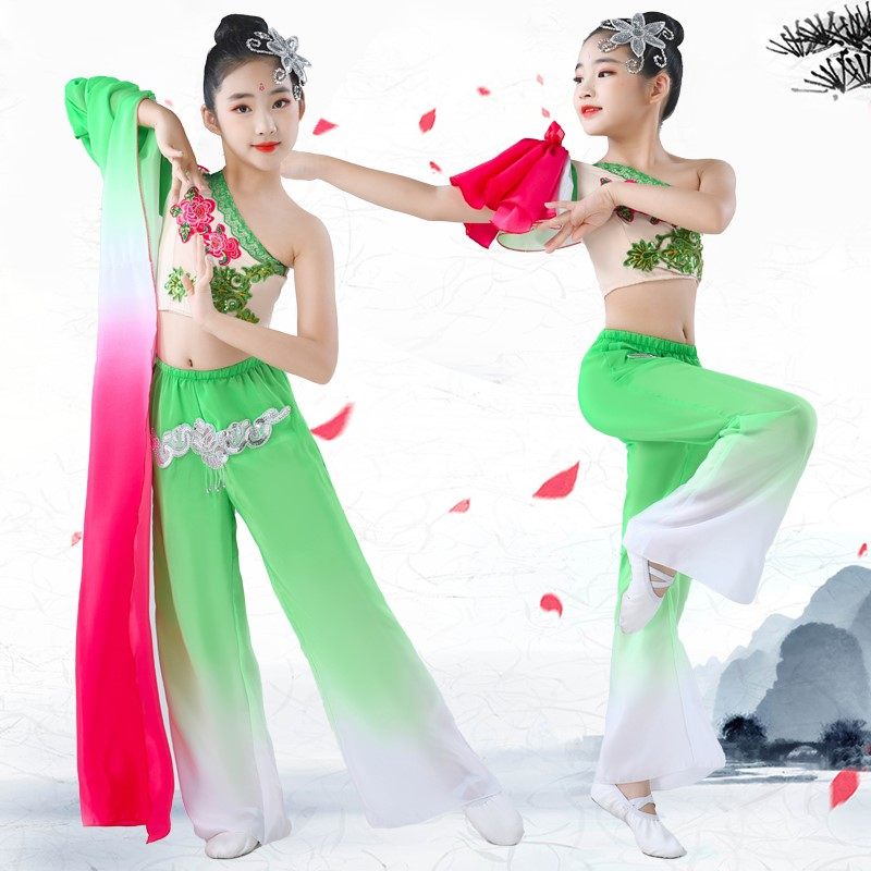 新款儿童水袖舞蹈服装女单肩长袖古典民族风且吟春雨表演舞蹈服