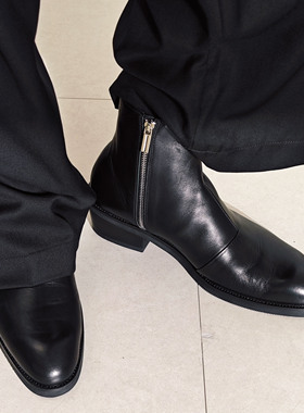 TBOF复古高级质感vibe 头层牛皮尖头拉链高帮切尔西靴男厚底增高