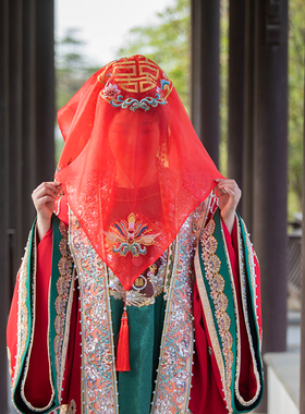 新娘结婚红盖头纱新款中式秀禾服高档半透明古风红色网纱盖头喜帕