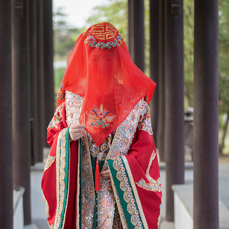 红盖头新娘秀禾汉服红头纱巾结婚