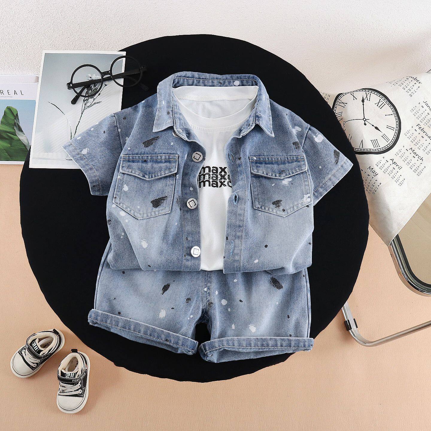 宝宝夏装套装2026新款男童洋气时髦夏季牛仔扎染短袖短裤三件套