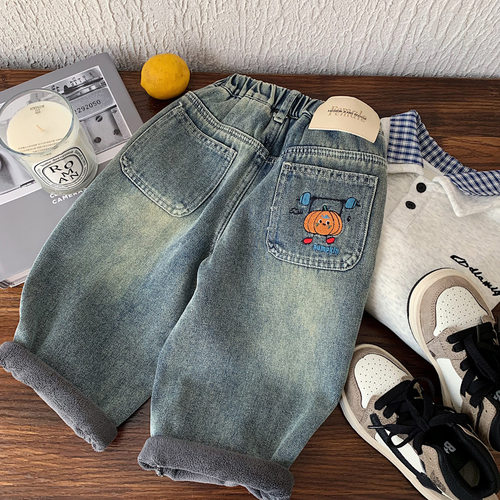 男童加绒牛仔裤2025冬季新款儿童宽松休闲加厚柔软帅气时尚长裤潮