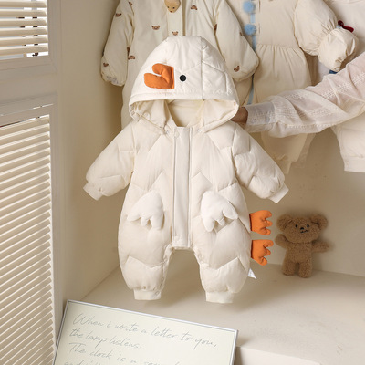 冬季婴儿羽绒服连体衣冬装婴幼儿衣服可爱宝宝白鸭绒连帽外出服厚