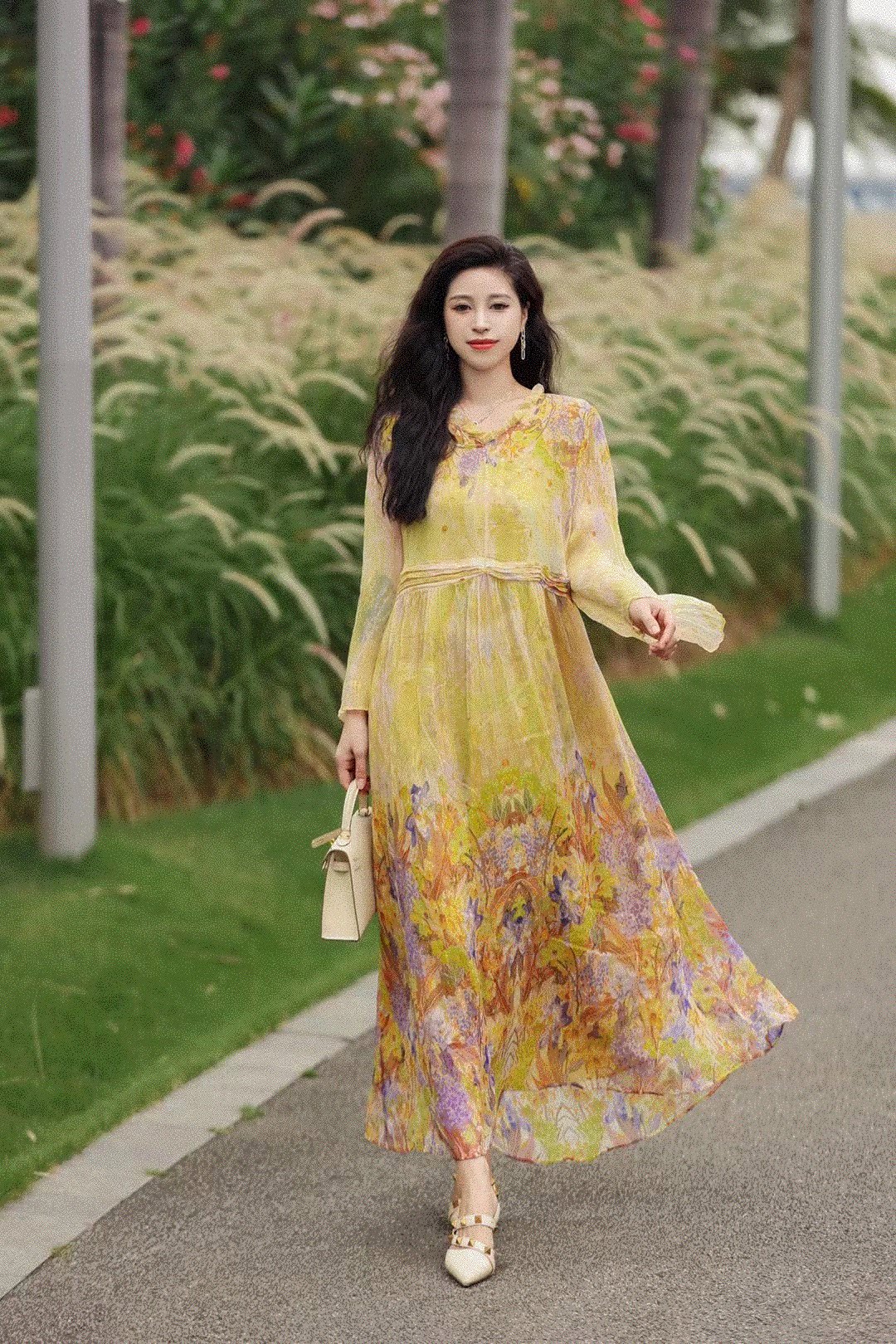 欧洲站2024夏季新欧货hh时尚洋气印花乔其真丝收腰显瘦中袖连衣裙