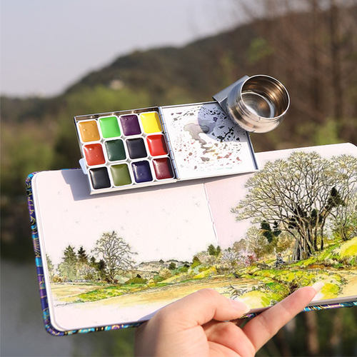迷你便携水彩颜料固体分装24色史明克温莎牛顿歌文小铁盒美术专用