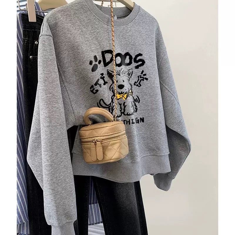 深圳南油~灰色小狗套头圆领长袖卫衣女秋冬小个子宽松上衣