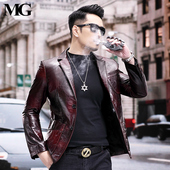春秋新款 男真皮外套酒红色皮西服潮 油蜡头层小牛皮西装 时尚 修身