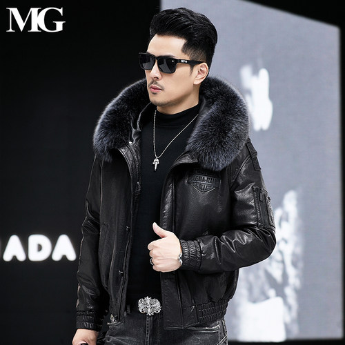 可拆卸狐狸毛领白鸭绒内胆皮夹克