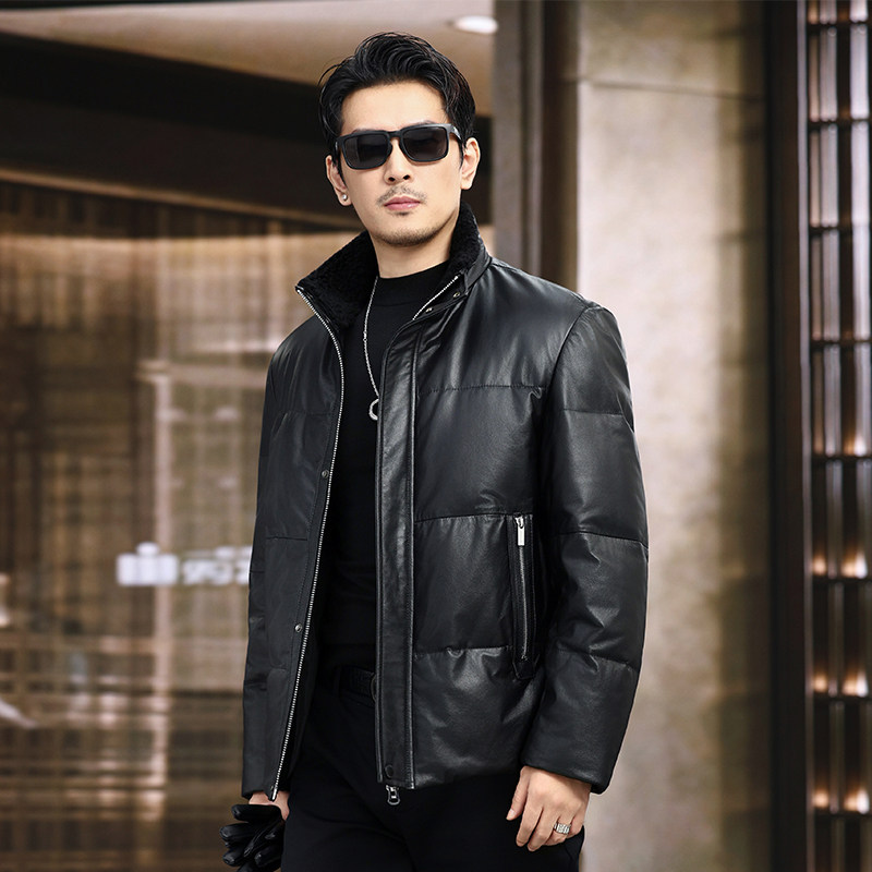 2026加厚鹅绒头层牛皮皮衣羽绒服男士真皮外套宽松立领机车皮夹克